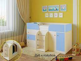 Кровать-чердак Малыш-4 Дуб молочный/Голубой в Чулыме - chulym.mebel54.com | фото