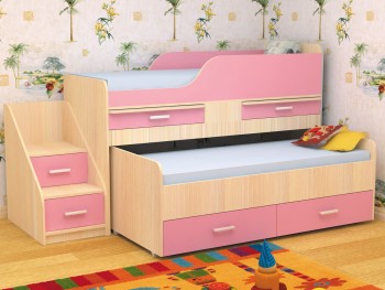 Кровать детская Лесики двухместная 1.8  Дуб молочный/Розовый в Чулыме - chulym.mebel54.com | фото