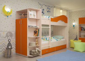 Кровать Мая двухъярусная с ящиками и шкафом Млечный дуб/Оранжевый в Чулыме - chulym.mebel54.com | фото