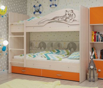 Кровать Мая-Сафари двухъярусная с ящикамиМлечный дуб/Оранжевый в Чулыме - chulym.mebel54.com | фото