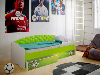 Кровать Софа-8 с мягкой спинкой фотопечать Футбол (900х1900) Белый/Лайм в Чулыме - chulym.mebel54.com | фото