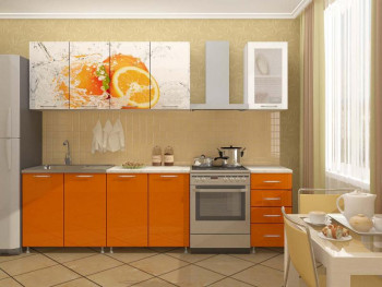 Кухонный гарнитур 1,6м Апельсин (Белый/Оранжевый металлик/Фотопечать апельсин) в Чулыме - chulym.mebel54.com | фото